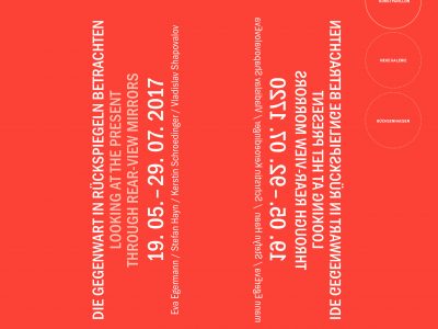 Einladungskarte der Ausstellung DIE GEGENWART IN RÜCKSPIEGELN BETRACHTEN / Eva EGERMANN · Stefan HAYN · Kerstin SCHROEDINGER · Vladislav SHAPOVALOV / Kunstpavillon Innsbruck 19. Mai - 29. Juli 2017